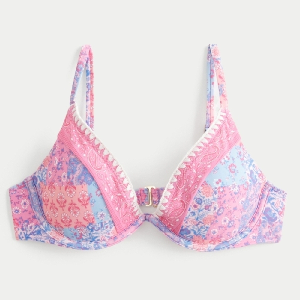 Hollister Embroidered Stitch Plunge Underwire bikini Top PINK FLORAL XXS
